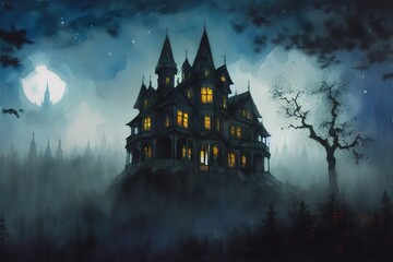 Gloomy old house in a deep ghostly forest, generative ai.