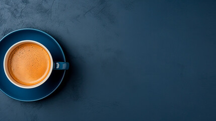 Coffee mug top view on the right side of the screen, background using dark blue color. - obrazy, fototapety, plakaty