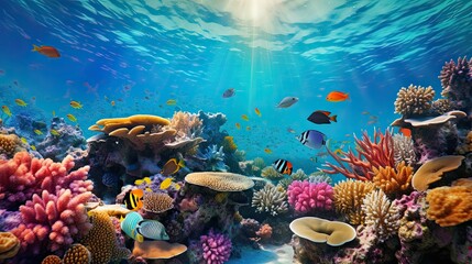 A colorful coral reef teeming with life, showcasing an underwater world of vibrant fish, intricate corals, and hidden treasures. generative ai