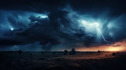 A dramatic and stormy sky, with dark clouds swirling and flashes of lightning illuminating the landscape. generative ai