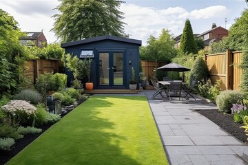 Fototapeta na wymiar A general view of a back garden with artificial grass, grey paving slab patio, flower bed with plants, timber fences, blue shed, summer house garden timber outbuilding, generative ai