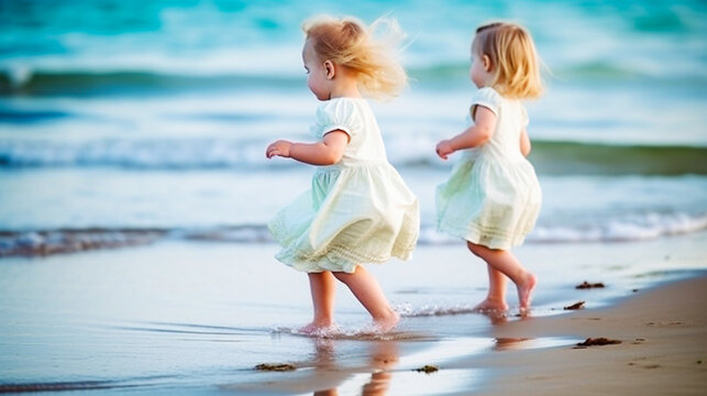 Adorable little girls playing on the beach at the day time. Concept of friendly family. selective focus.