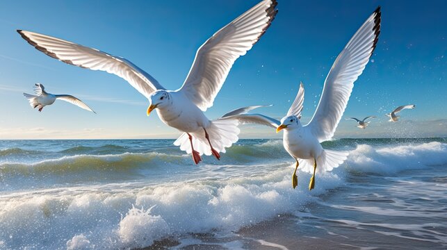 A flock of graceful seagulls soaring above the ocean waves, their wings gliding effortlessly through the salty breeze. generative ai