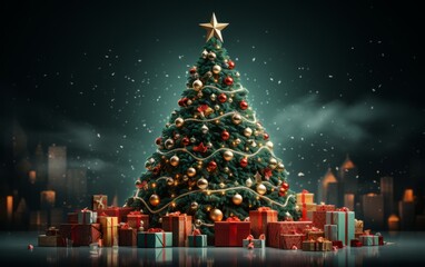 A huge Christmas tree with bright lights and presents. - obrazy, fototapety, plakaty