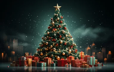 Fototapeten A huge Christmas tree with bright lights and presents. © Mynn Shariff