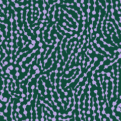 Abstract geometric shapes seamless repeat pattern. Random placed, dotted lines all over surface print on dark green background.