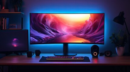 A minimalist desktop computer setup with a large curved monitor and RGB lighting, generative ai