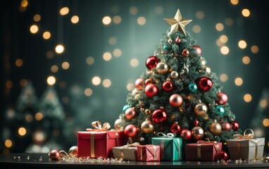 A beautifully decorated Christmas tree with bright lights and presents.