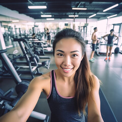 Fototapeta premium Portrait of beauty woman standing taking a selfie with activewear in the background of sport gym. created with generative AI technology.