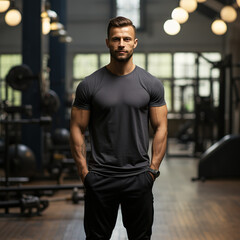 Portrait of handsome muscular man standing in the background of sport gym. created with generative...