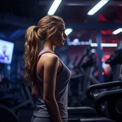 Fototapeta premium Portrait of beauty woman standing with activewear in the background of sport gym. created with generative AI technology.