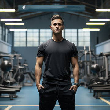Portrait of handsome muscular man standing in the background of sport gym. created with generative AI technology.
