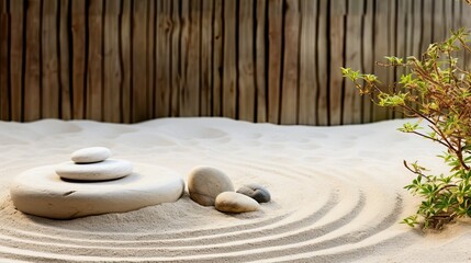 A tranquil Zen garden, with meticulously raked sand, carefully placed stones, and a meditative atmosphere of peace and balance. generative ai