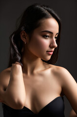 Classic studio portrait of a young brunette dressed in a black top, who is sitting on a chair against a black background. Generative AI.