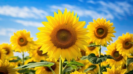 A vibrant field of sunflowers, their bright yellow petals turning towards the sun, radiating warmth and happiness. generative ai