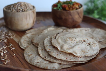Khapli wheat roti served with baingan bharta.