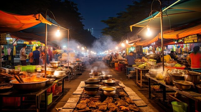 A vibrant and bustling night market, with colorful stalls, dazzling lights, and a vibrant atmosphere filled with the aroma of exotic spices. generative ai