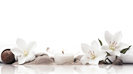 Fototapeta na wymiar zen stones candle white floral harmony wellness serenity aromatherapy - by generative ai