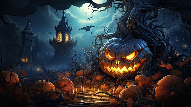 Generative AI - Spooky Night: Jack O' Lanterns in a Haunting Graveyard - A Halloween Backdrop