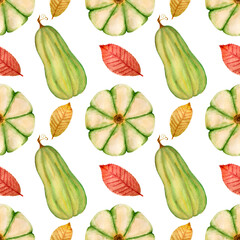 Watercolor pattern with various pumpkins and leaves on a white background. For thanksgiving, halloween, wrapping etc.