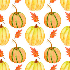 Seamless watercolor pattern with pumpkins and leaves on a white background. For thanksgiving, halloween, wrapping, etc.