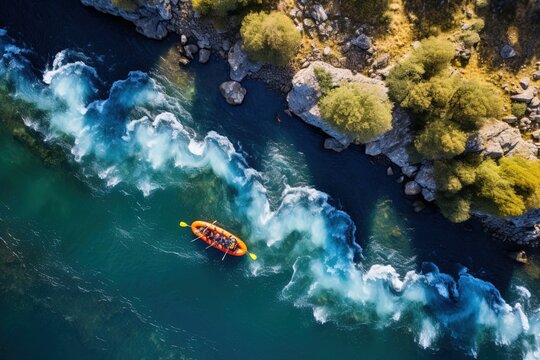 Drone photo of group rafting