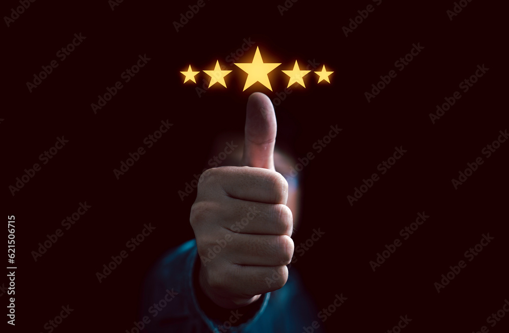 Poster businessman hand thumb up with glowing yellow five stars for client the best satisfaction evaluation