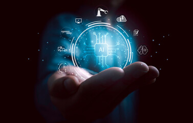 Businessman holding AI or Artificial Intelligence, it was controlled and generate to chat bot , smart robot, cloud computing and automatic car driving. Futuristic technology transformation concept.