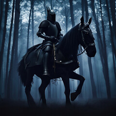 An AI-generated image of a black knight riding his armored black horse in a misty forest at dusk. Stock image.