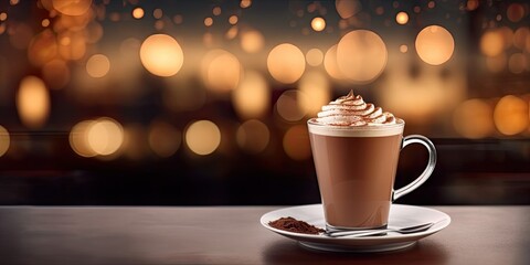 Obraz premium Close up of hot drink with chocolate on wooden table with copy space