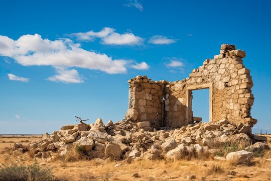 Rugged Stone Walls of Ancient Building amidst Serene Blue Sky and Nature's Landscape - A Broken Wall of a Ruin: Generative AI