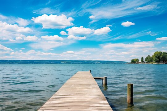 Serene Canandaigua Lake Landscape with Clear Blue Sky and Calm Waters: Generative AI