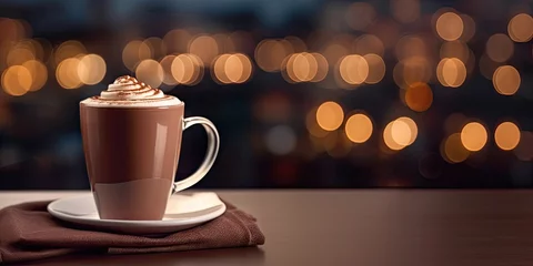 Foto op Plexiglas Close up of hot drink with chocolate on wooden table with copy space © Thares2020
