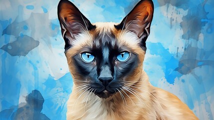 a painting of a siamese cat with a blue background.  generative ai - obrazy, fototapety, plakaty