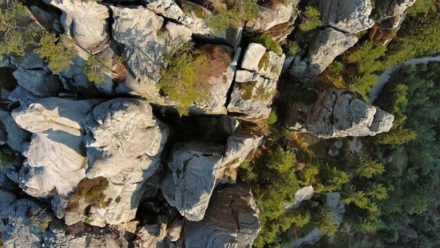 Aerial top view of Teplice Rocks, part of Adrspach-Teplice landscape mountain park in Broumov highlands region of Bohemia, Czech Republic, 4k