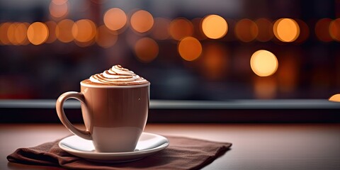 Obraz premium Close up of hot drink with chocolate on wooden table with copy space