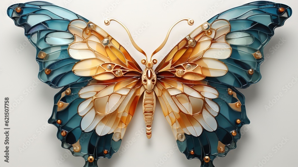 Poster  a colorful butterfly sculpture on a white wall with a white background.  generative ai