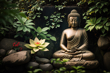 Buddha stone statue in green zen environment, generative ai. - obrazy, fototapety, plakaty