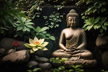 Zelfklevend Fotobehang Buddha stone statue in green zen environment, generative ai. © Budjak Studio