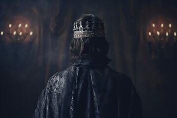 Handsome king in gothic style. Handsome young man in metal crown and black cloak. Photo from back without face