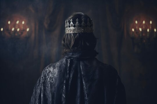 Handsome King In Gothic Style. Handsome Young Man In Metal Crown And Black Cloak. Photo From Back Without Face