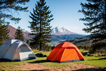 Tourist camp in the mountains, tent in the foreground. generative AI.