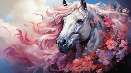 Obraz na płótnie Canvas a painting of a white horse with pink flowers in its mane. generative ai