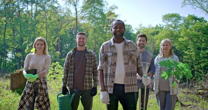 Diverse group of happy volunteers cleaning up forest from waste, community service concept. Multicultural group of mature people joining together outdoor in charitable and environmental work.