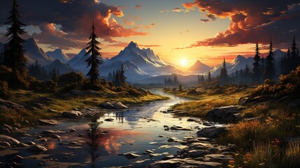 Fototapeta na wymiar a painting of a sunset over a mountain stream with a forest and mountain range in the background. generative ai