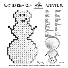 Fototapeta premium Zigzag Word Search Crossword Puzzle. Snowman. Winter. Words go right, left, down, up, at right angles, letter used only once. Black, white educational activity page. Worksheet. Game for kids, adults