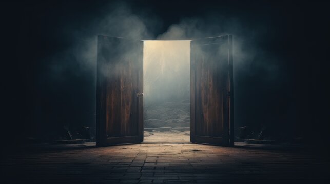 Open door in dark and mysterious style. Generative AI