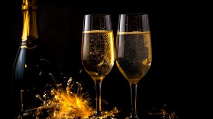 Two champagne glasses on golden yellow firework background. Generative AI