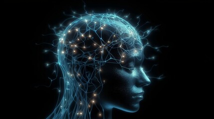 Unreal human head with neurons in brain. Generative AI