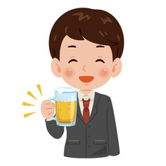 ビールを片手に笑顔のスーツ姿の男性